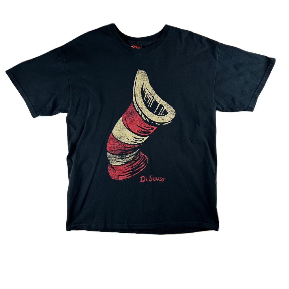 Dr. Seuss Cat in the Hat Graphic T-Shirt Mens Large Black Vintage Gildan Cotton